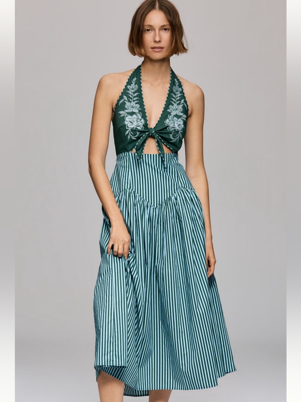 Green Halter Tie-Front Embroidered Midi Dress